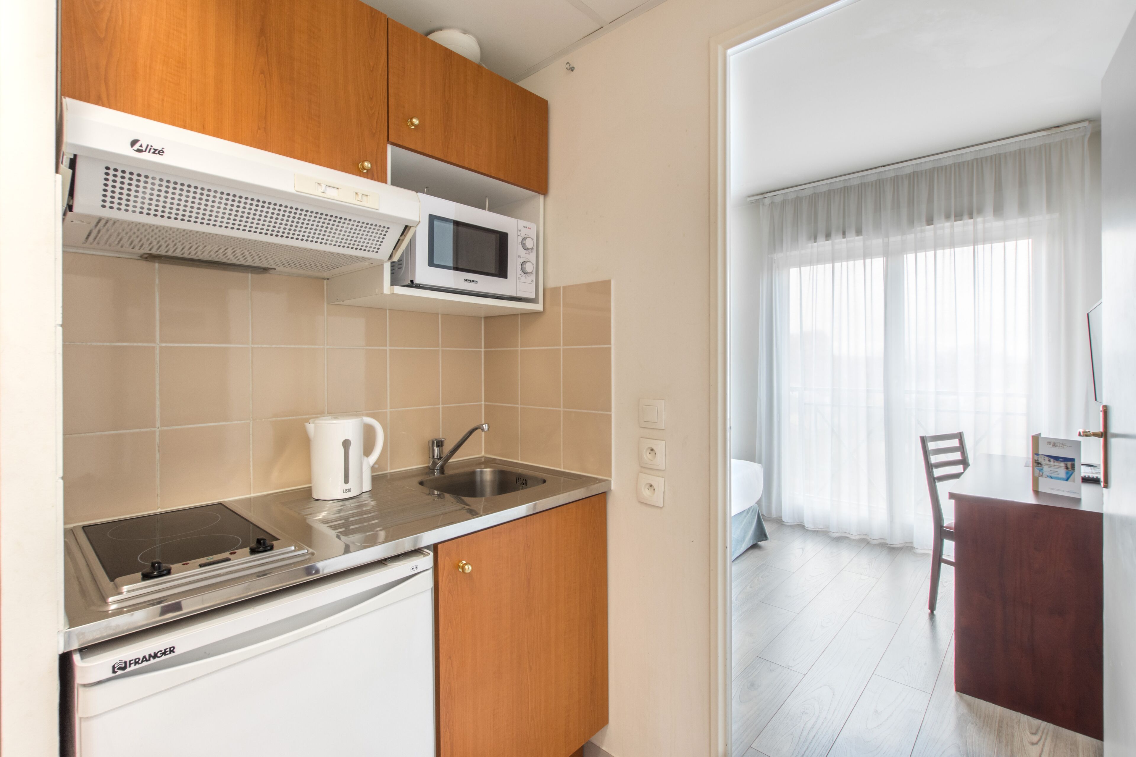 Fridge, microwave, cookware/dishes/utensils