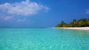 On the beach, white sand, beach towels, waterskiing