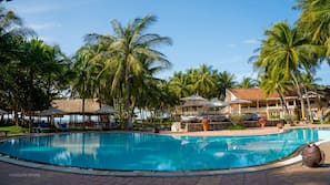 Outdoor pool, pool umbrellas, pool loungers