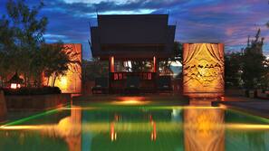 Outdoor pool, pool umbrellas, pool loungers