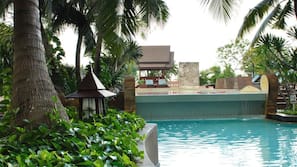 Outdoor pool, pool umbrellas, pool loungers