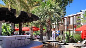Outdoor pool, pool umbrellas, pool loungers