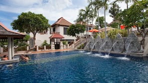 Indoor pool, outdoor pool, pool umbrellas, pool loungers