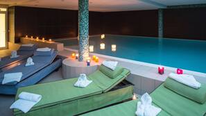 Indoor pool, outdoor pool, sun loungers