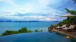 Outdoor pool, pool umbrellas, pool loungers