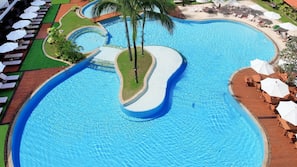 2 outdoor pools, pool umbrellas, pool loungers