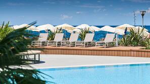Seasonal outdoor pool, pool umbrellas, pool loungers