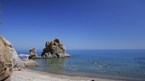 On the beach, sun-loungers, beach umbrellas, beach towels