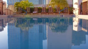 Outdoor pool, open 10:00 AM to 8:00 PM, pool umbrellas