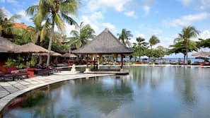 Outdoor pool, pool umbrellas, pool loungers