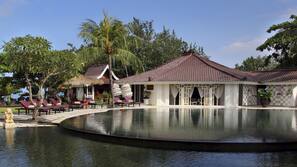Outdoor pool, pool umbrellas, pool loungers