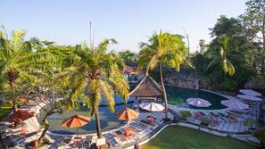 Outdoor pool, pool umbrellas, pool loungers