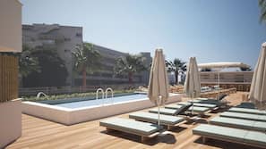 Outdoor pool, open 8 AM to 7 PM, pool umbrellas, pool loungers