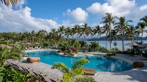 Outdoor pool, pool umbrellas, sun loungers