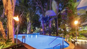 Outdoor pool, open 7 AM to 9 PM, free pool cabanas, pool loungers