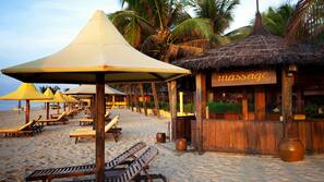 Private beach, white sand, free beach cabanas, sun-loungers