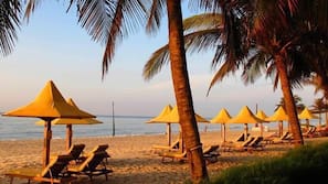 Private beach, white sand, free beach cabanas, sun-loungers
