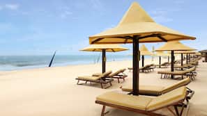 Private beach, white sand, free beach cabanas, sun-loungers