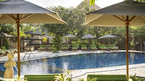 Outdoor pool, open 8:00 AM to 6:00 PM, pool umbrellas, pool loungers
