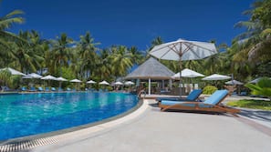 Outdoor pool, pool umbrellas, pool loungers
