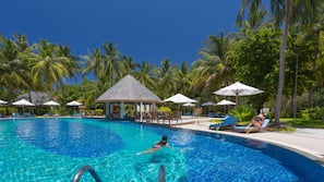Outdoor pool, pool umbrellas, pool loungers