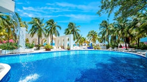 Outdoor pool, pool umbrellas, pool loungers
