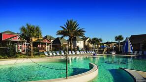 Outdoor pool, pool umbrellas, sun loungers