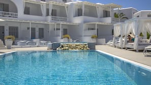 Outdoor pool, pool umbrellas, pool loungers