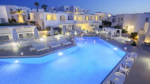 Outdoor pool, pool umbrellas, pool loungers