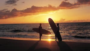 On the beach, scuba diving, snorkelling, surfing