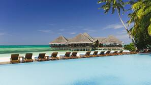 Outdoor pool, pool umbrellas, pool loungers