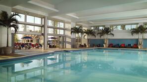 Indoor pool, seasonal outdoor pool, pool umbrellas, pool loungers