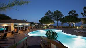 Indoor pool, outdoor pool, pool umbrellas