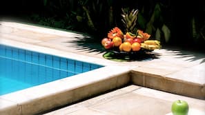 Outdoor pool, pool umbrellas, pool loungers