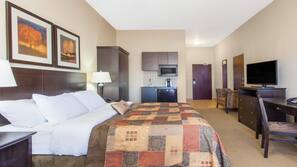 Premium bedding, desk, blackout drapes, iron/ironing board