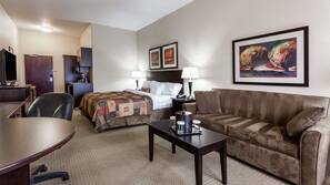 Premium bedding, desk, blackout drapes, iron/ironing board