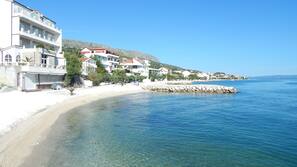 On the beach, sun-loungers, beach umbrellas