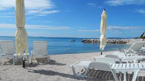 On the beach, sun-loungers, beach umbrellas