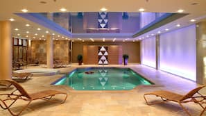Indoor pool, outdoor pool, pool umbrellas, pool loungers