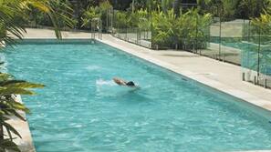 Outdoor pool, pool umbrellas, pool loungers