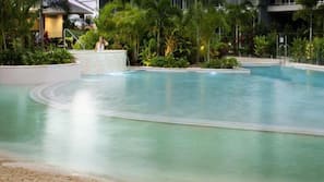 Outdoor pool, pool umbrellas, pool loungers