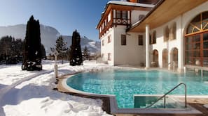 Indoor pool, outdoor pool, pool umbrellas, pool loungers