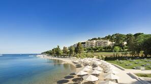 On the beach, sun-loungers, beach umbrellas, beach towels