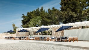 On the beach, sun-loungers, beach umbrellas, beach towels
