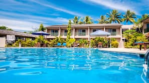 2 outdoor pools, open 7:30 AM to 8:00 PM, pool umbrellas, pool loungers
