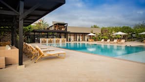 Outdoor pool, pool umbrellas, pool loungers