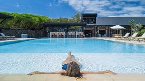 Outdoor pool, pool umbrellas, pool loungers