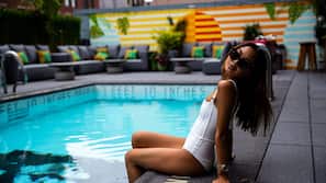 Seasonal outdoor pool, sun loungers
