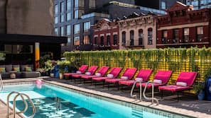 Seasonal outdoor pool, sun loungers
