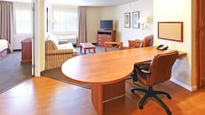 Individually furnished, desk, laptop workspace, blackout drapes
